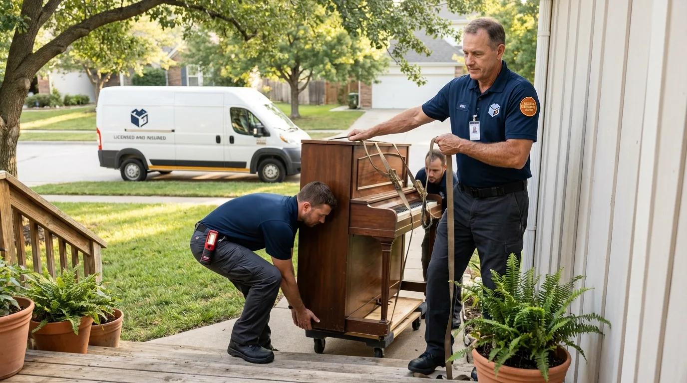 Licensed piano movers securing grand piano in Avalon, NJ