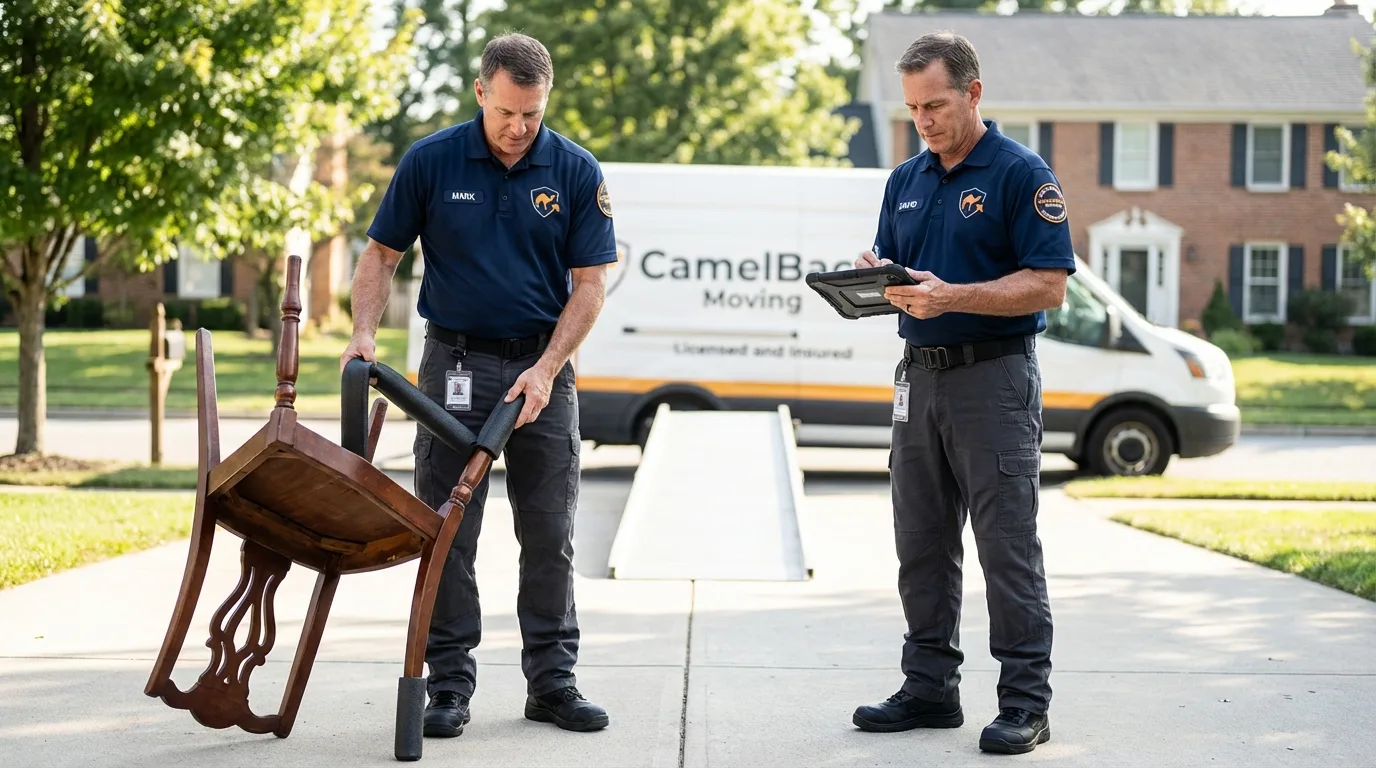 Movers inspecting furniture for damage prevention before loading in Avalon, NJ